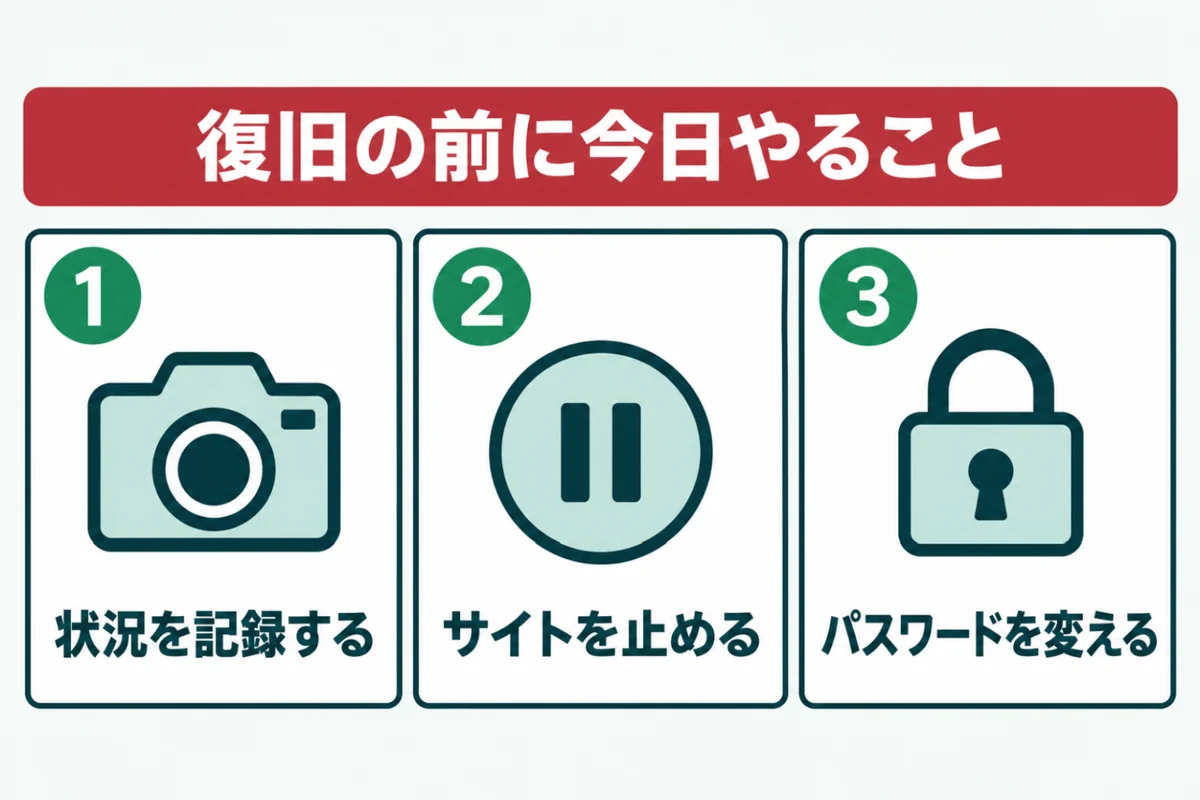 ホームページの改ざんに気づいたら復旧の前にやることとして、状況を記録して残す、サイトを一時的に止める、パスワードをすべて変える、の3つを番号つきのカードで並べた図