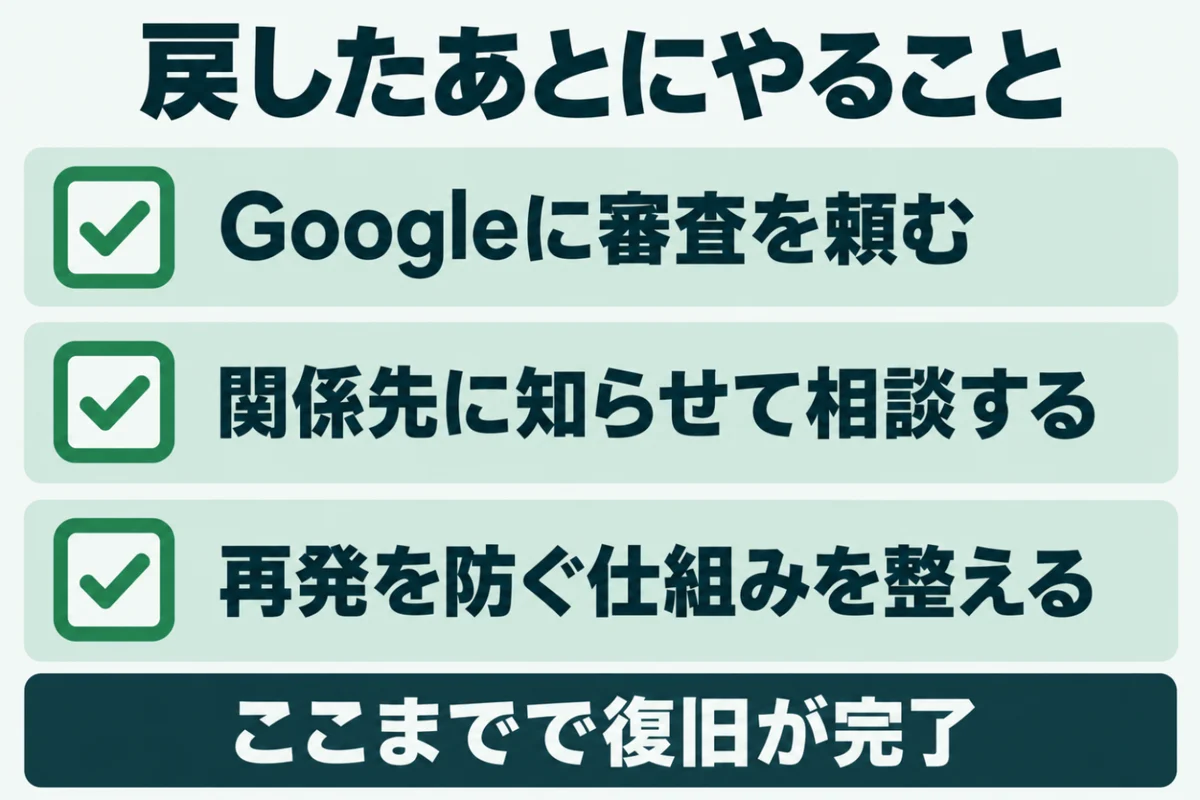 ホームページの改ざんを復旧したあとにやることとして、Googleに審査をリクエストする、関係先に知らせて相談窓口に届け出る、再発を防ぐ仕組みを整える、の3つをチェックリストで示した図